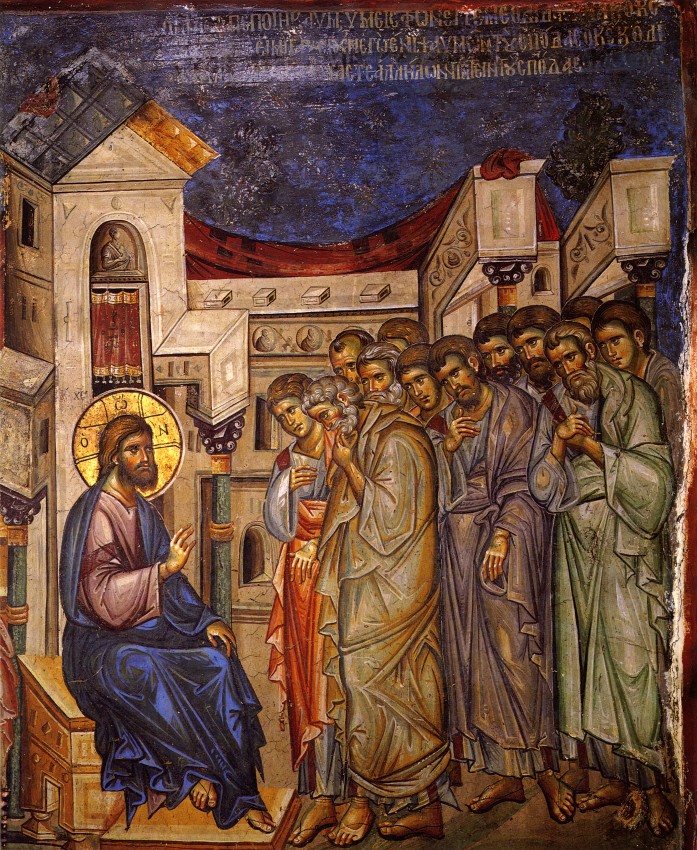 El Señor explica el significado de los pies de los apóstoles. El principio XIV c., Fresco del monasterio Vatoped, Athos.